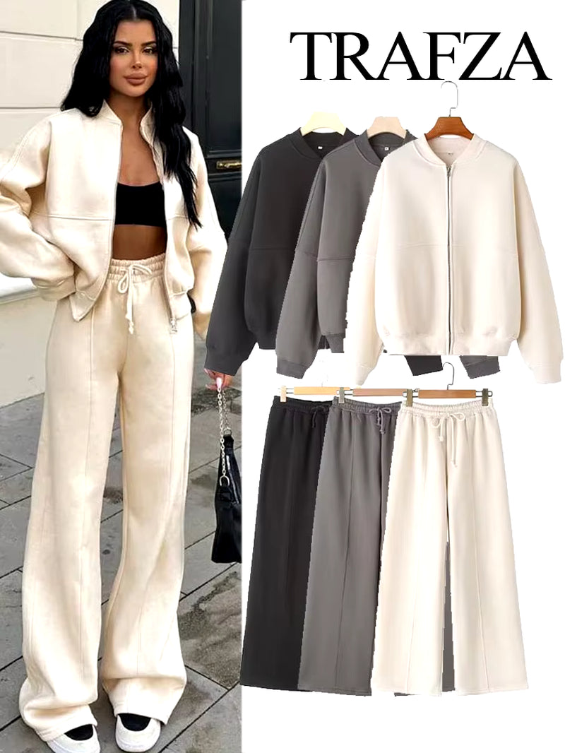 Women'S 2-Piece Retro Solid Color Zipper Bomber Jacket Sweatshirt + High-Waisted Lace-Up Women'S Loose Velvet Pants Suit