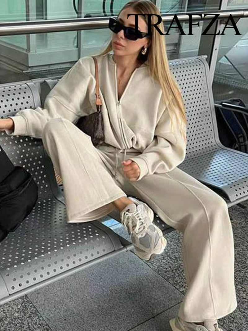 Women'S 2-Piece Retro Solid Color Zipper Bomber Jacket Sweatshirt + High-Waisted Lace-Up Women'S Loose Velvet Pants Suit