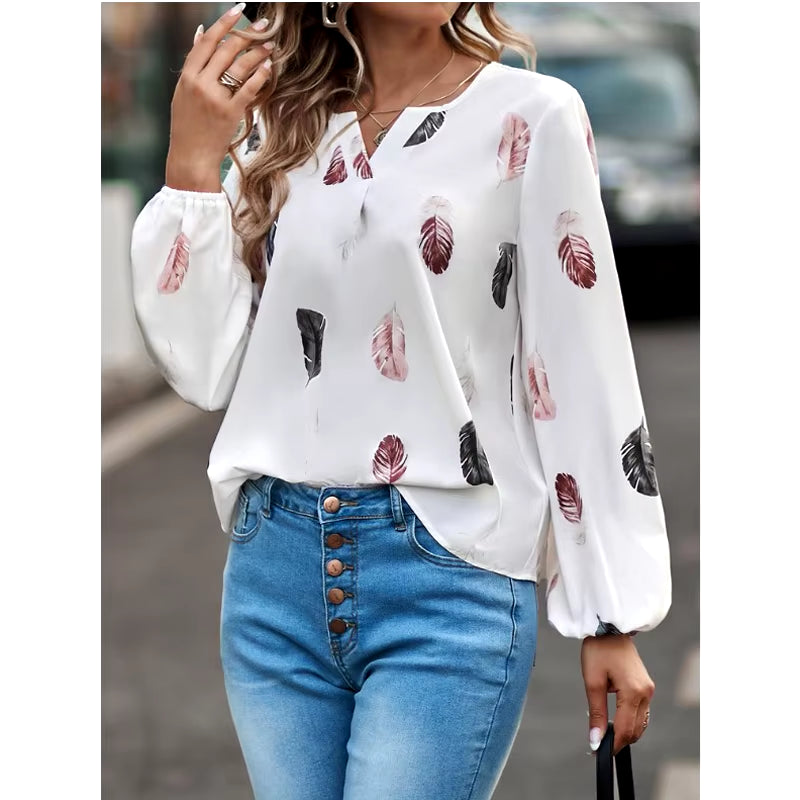 Fashion Woman Blouse Shirts for Women Stylish Top Long Sleeve Feather Pattern Female Tops Elegant Chiffon Mujer Woman Clothes