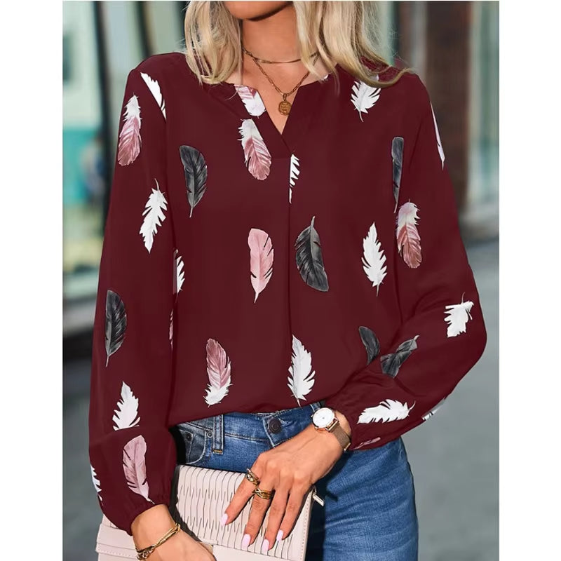 Fashion Woman Blouse Shirts for Women Stylish Top Long Sleeve Feather Pattern Female Tops Elegant Chiffon Mujer Woman Clothes