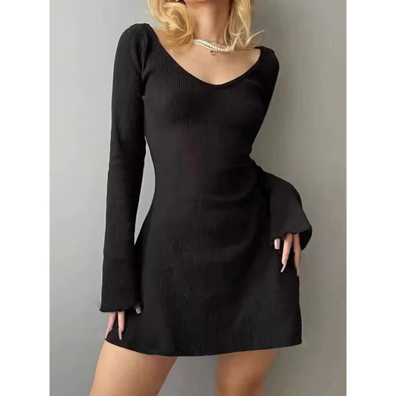 Elegant and Pretty Women Dresses Autumn Winter New Black Sexy Short Dress Female V Neck Long Sleeve Slim Solid Color Mini Dress