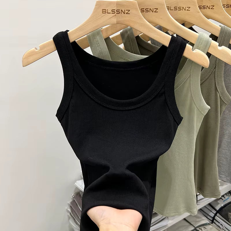 Women Solid round Neck Ribbed Tank Top Camisole Women 2024 Summer Basic Elastic Tank Top O Neck Solid Tank Top