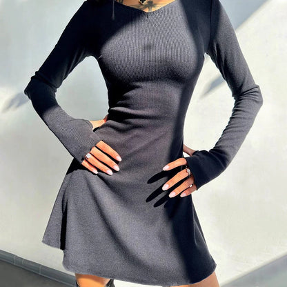 Elegant and Pretty Women Dresses Autumn Winter New Black Sexy Short Dress Female V Neck Long Sleeve Slim Solid Color Mini Dress