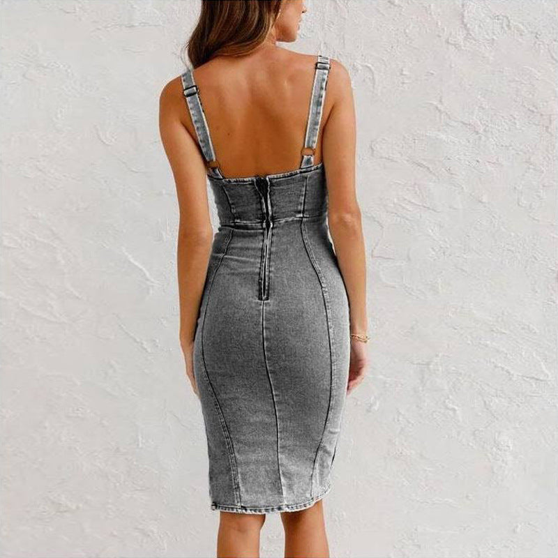 New U-Neck Suspender Denim Dress Summer Casual Tight Slim Fit Dresses with Slit Design Womens Clothing