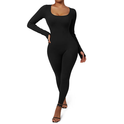 Long Sleeve Jumpsuit Women Bodycon One-Piece Outfit Jumpsuit Square Neck Casual Streetwear Rompers Overalls Playsuits Bodysuit