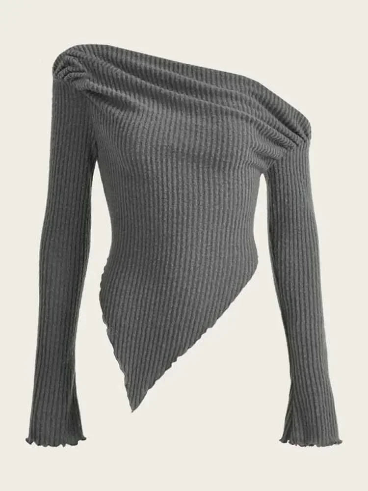 Women Solid Autumn Winter Grunge Asymmetrical Neck Rib-Knit Tee Strapless Blouse Long Sleeve Casual Sweater Handkerchief Hem