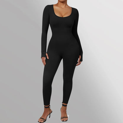 Long Sleeve Jumpsuit Women Bodycon One-Piece Outfit Jumpsuit Square Neck Casual Streetwear Rompers Overalls Playsuits Bodysuit