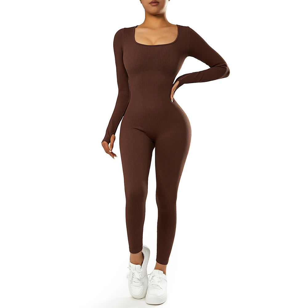 Long Sleeve Jumpsuit Women Bodycon One-Piece Outfit Jumpsuit Square Neck Casual Streetwear Rompers Overalls Playsuits Bodysuit