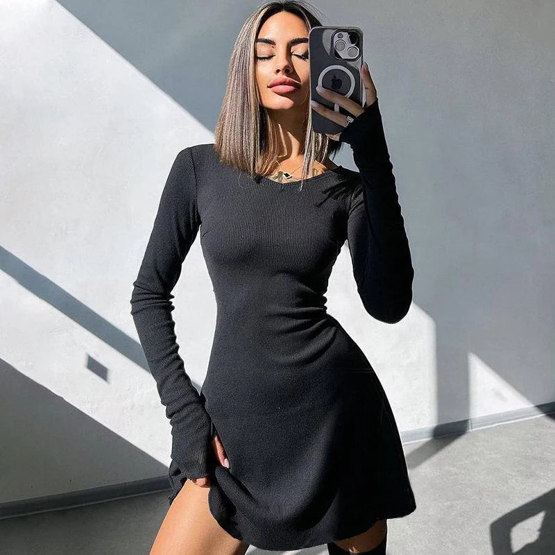 Elegant and Pretty Women Dresses Autumn Winter New Black Sexy Short Dress Female V Neck Long Sleeve Slim Solid Color Mini Dress