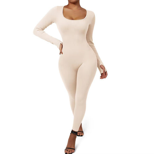 Long Sleeve Jumpsuit Women Bodycon One-Piece Outfit Jumpsuit Square Neck Casual Streetwear Rompers Overalls Playsuits Bodysuit